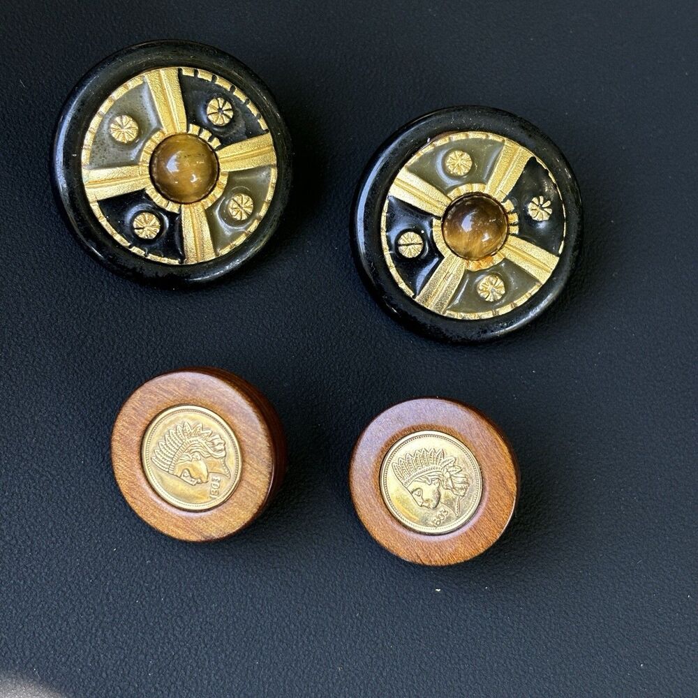 Vintage 2 Pair Earrings Gold Tone Tiger Eye & Wood Native Head Clip On